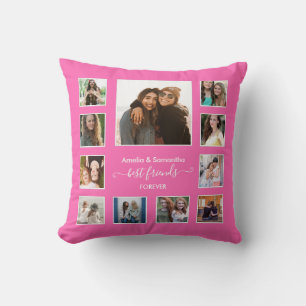 Modern Best Friends Forever 11 Photo Collage Pink Cushion