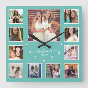 Modern Best Friends Forever 11 Photo Collage Teal Square Wall Clock