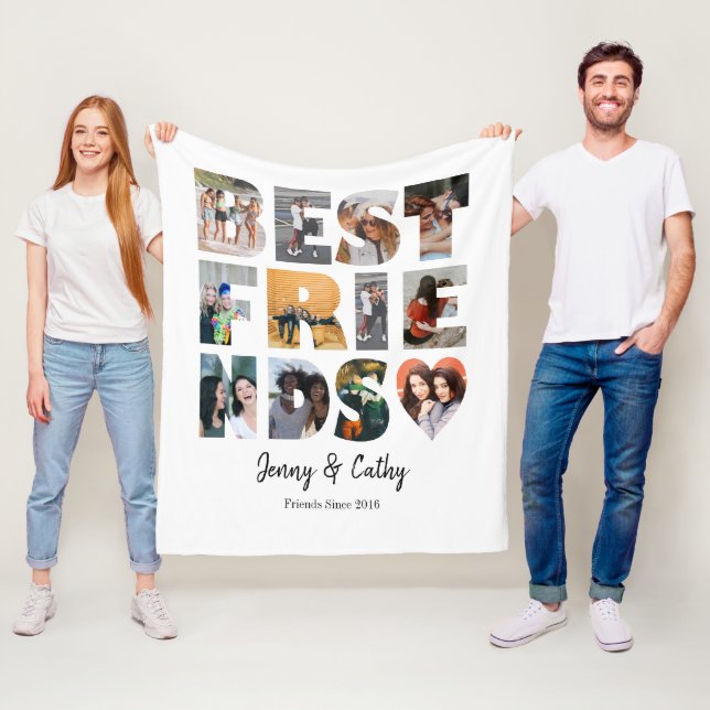 Modern Best Friends Heart Besties Photo Collage Fleece Blanket (In Situ)