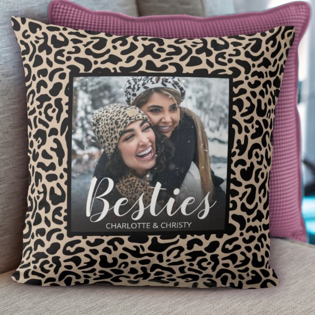 Modern Best Friends Leopard Print Photo Cushion (A cute besties pillow with a leopard print background. Personalize it with your photo and names.)