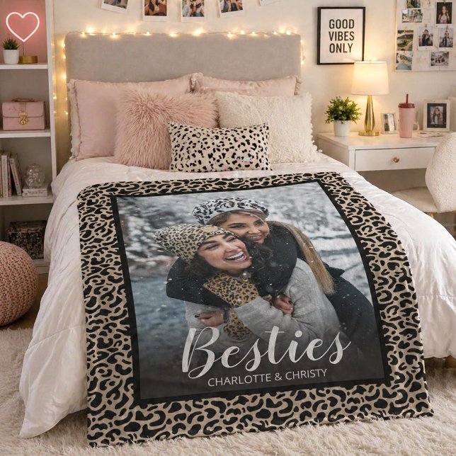 Modern Best Friends Leopard Print Photo Fleece Blanket (A chic best friend leaopard pattern photo blanket. Personalize it for your BFF.)