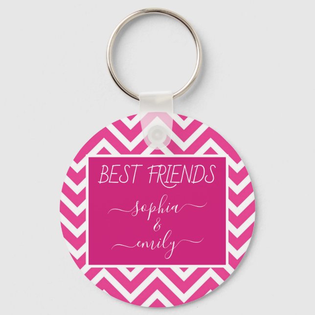 Modern Best Friends Script Name Pink Chevron Key Ring (Front)