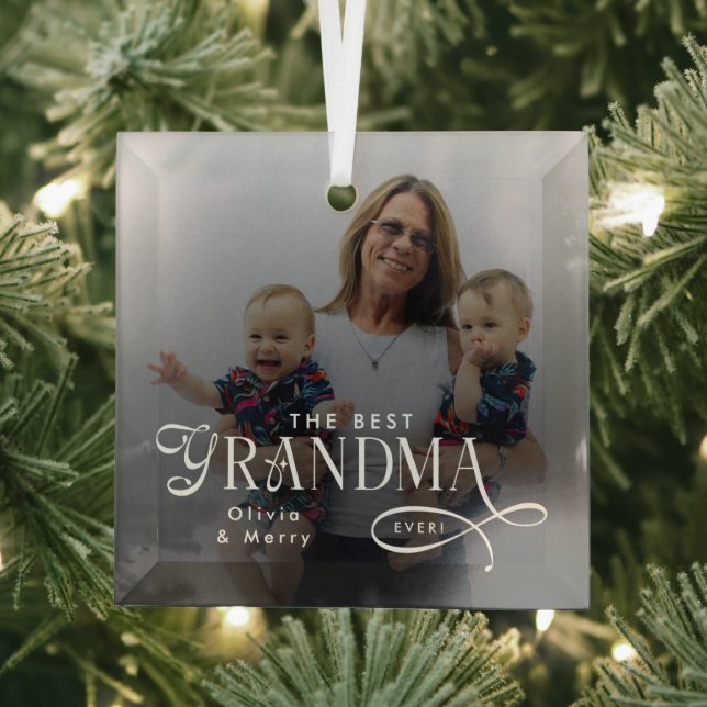 Modern Best Grandma Ever Photo Personalized Glass Tree Decoration (Insitu)