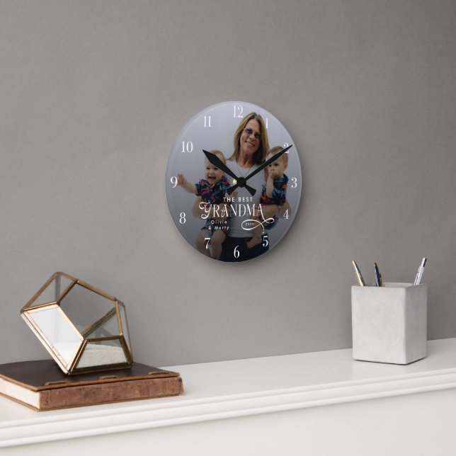 Modern Best Grandma Ever Photo Personalized Round Clock (Office)