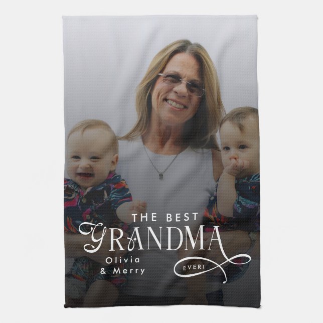 Modern Best Grandma Ever Photo Personalized Tea Towel (Vertical)
