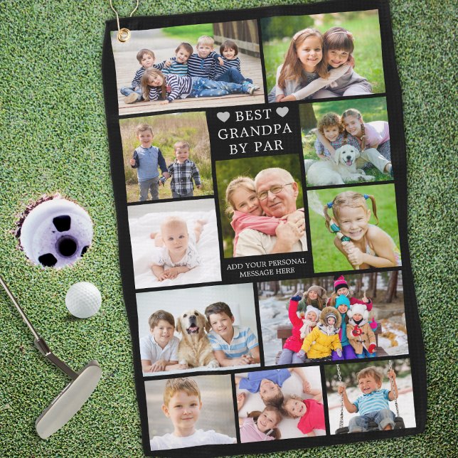 Modern BEST GRANDPA BY PAR 12 Photo Collage Custom Golf Towel (Creator Uploaded)