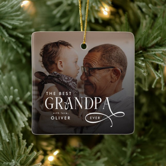 Modern Best GrandPa Ever Photo Personalized Ceramic Ornament (Tree)