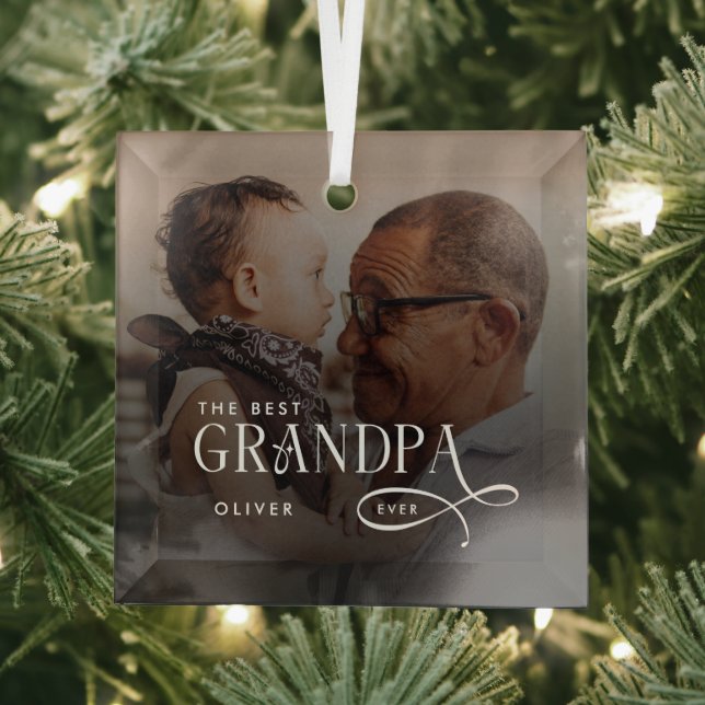 Modern Best GrandPa Ever Photo Personalized Glass Tree Decoration (Insitu)