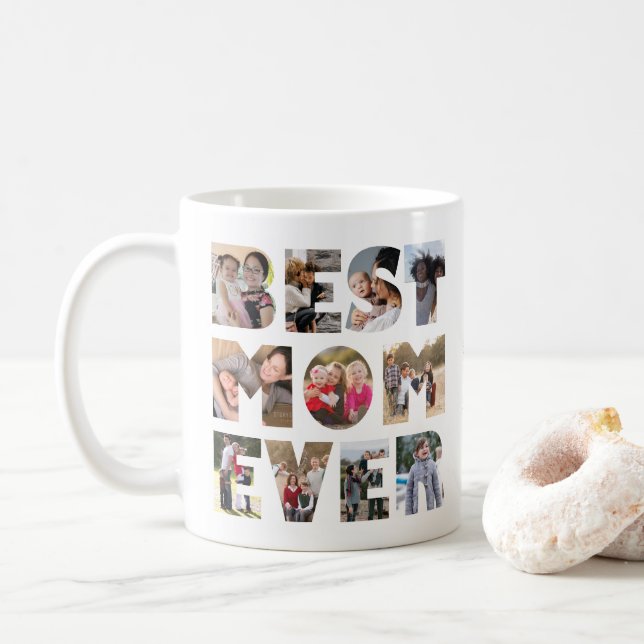 Modern BEST MOM EVER 11 Photo Collage Mother's Day Coffee Mug (With Donut)