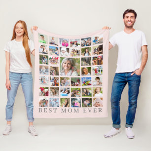Modern BEST MOM EVER 39 Photo Collage Pink Grey Fleece Blanket