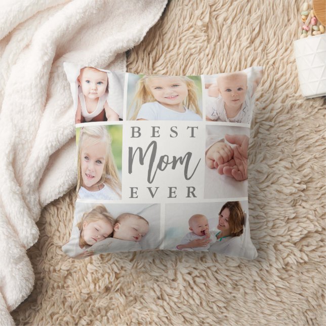 Modern BEST MOM EVER 7 Photo Collage Custom Colour Cushion (Blanket)