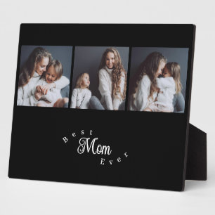 Modern Best Mom Ever Elegant Script Black 3 Photo Plaque