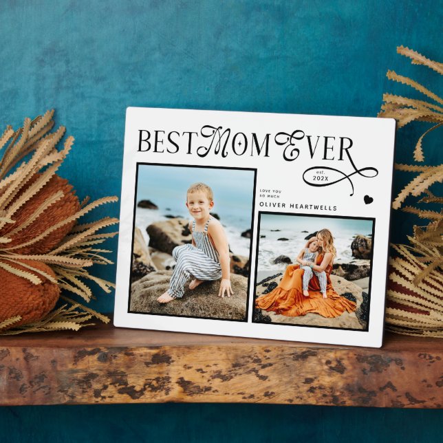 Modern Best Mom Ever Photo Heart Mothers Day Gifts Plaque (Side)