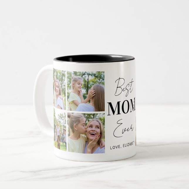 Modern Best Mum Ever 8 Photo Collage Personalised Two-Tone Coffee Mug (Front Left)