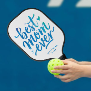 Modern Best Mum Ever Blue And White Brush Script  Pickleball Paddle