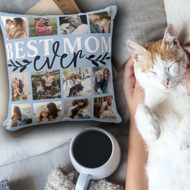 Modern Best Mum Ever Blue Photo Collage Cushion (Creator Uploaded)