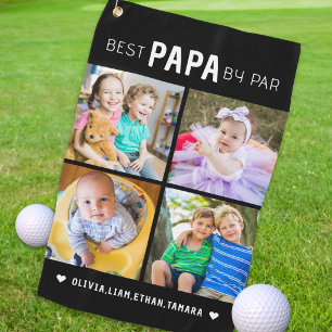 Modern Best Papa by Par 4 Photo Collage Black Golf Towel