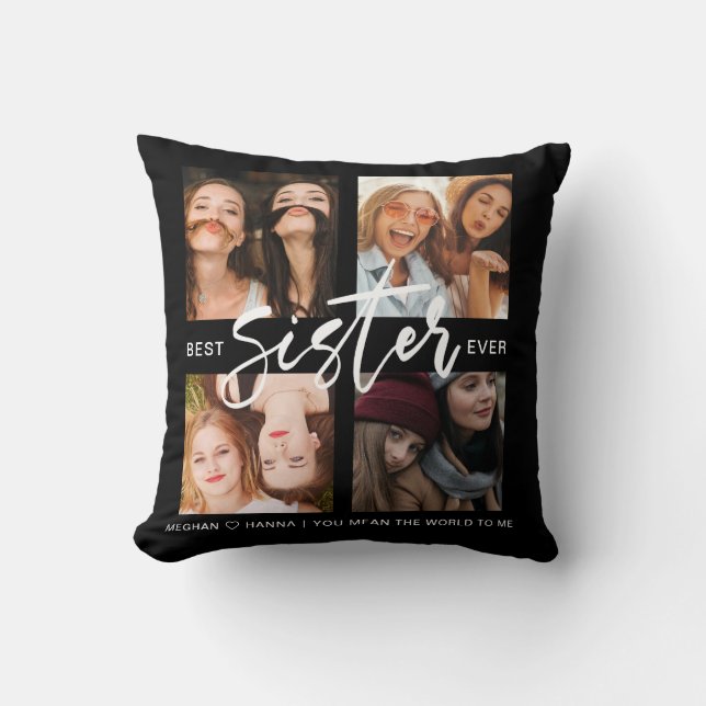 Modern Best Sister black photo collage Pillow (Front)