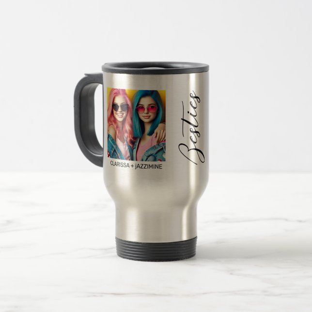 Modern Bestie Black Script 2 Photo Travel Mug (Front Left)