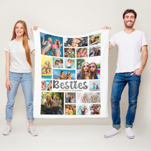 Modern BESTIES 19 Photo Collage White Grey Fleece Blanket