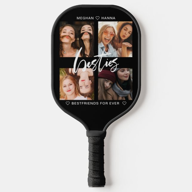 Modern Besties black photo collage best friends Pickleball Paddle (Front)