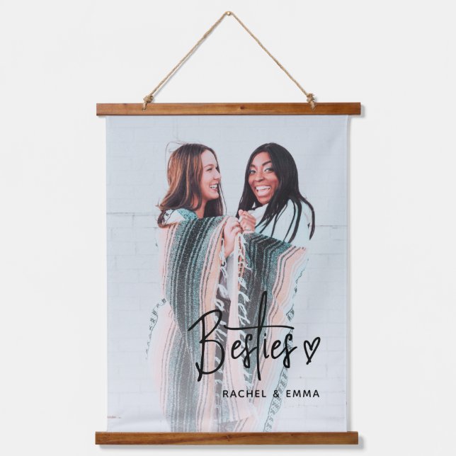 Modern Besties Photo Heart Script Best Friends Hanging Tapestry (Front)