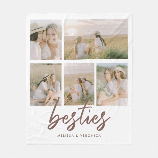 Modern 'Besties' Script Custom 5-Photo Collage  Fleece Blanket (Front)