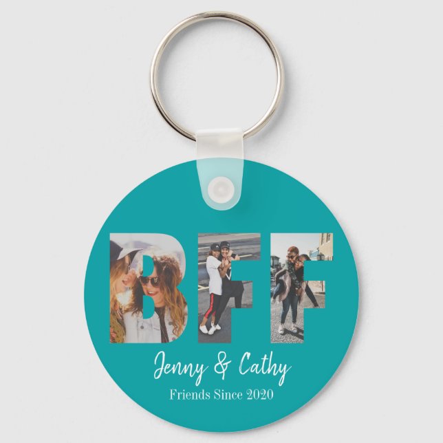 Modern BFF Photo Best Friend Names Teal Green Key Ring (Front)