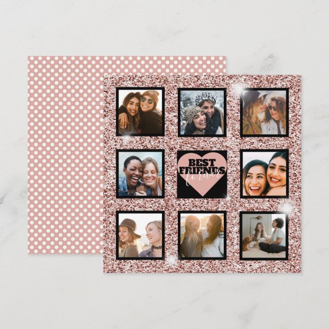 Modern BFF Photo Collage Rose Gold Glitter Holiday Card (Front/Back)