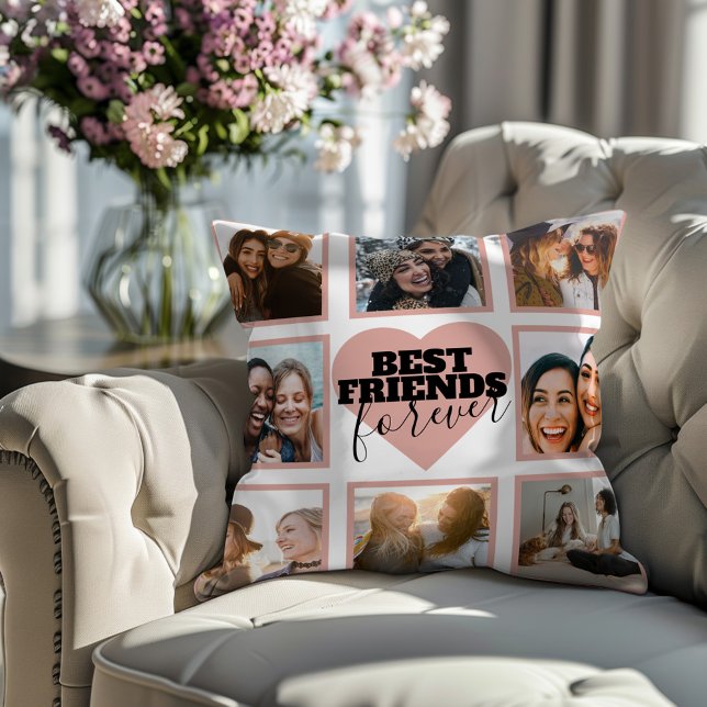 Modern BFF Photo Collage Rose Gold Heart Cushion (Creator Uploaded)