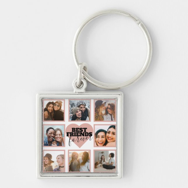 Modern BFF Photo Collage Rose Gold Heart Key Ring (Front)