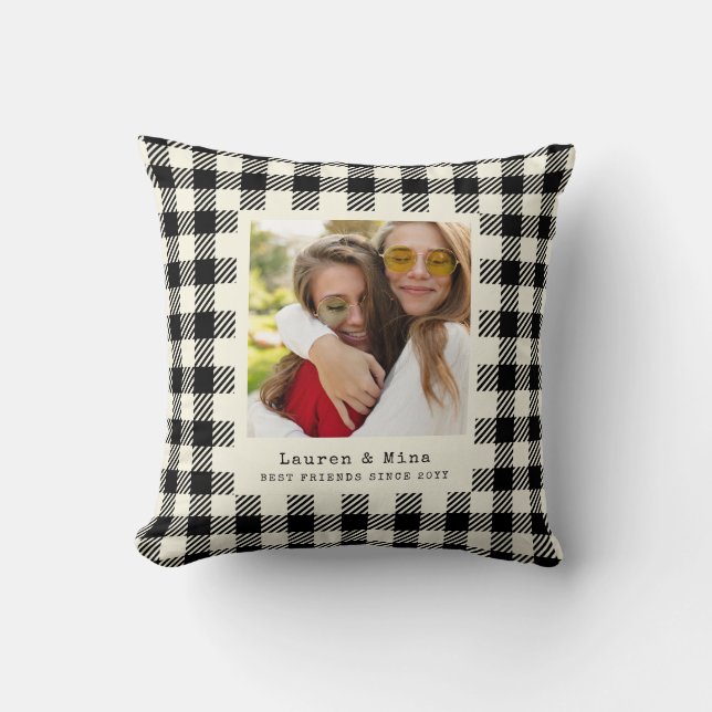 Modern BFF Photo Plaid Friendship Best Friend Cushion (Front)