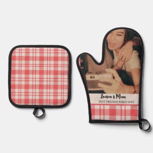 Modern BFF Photo Plaid Friendship Best Friend Oven Mitt & Pot Holder Set