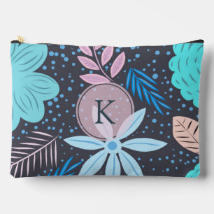 Modern Big Blue Flower Pattern Pink Monogram Accessory Pouch