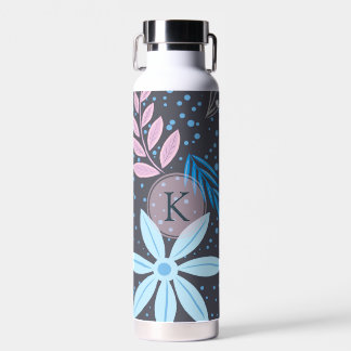 Modern Big Blue Flower Pattern Pink Monogram Water Bottle