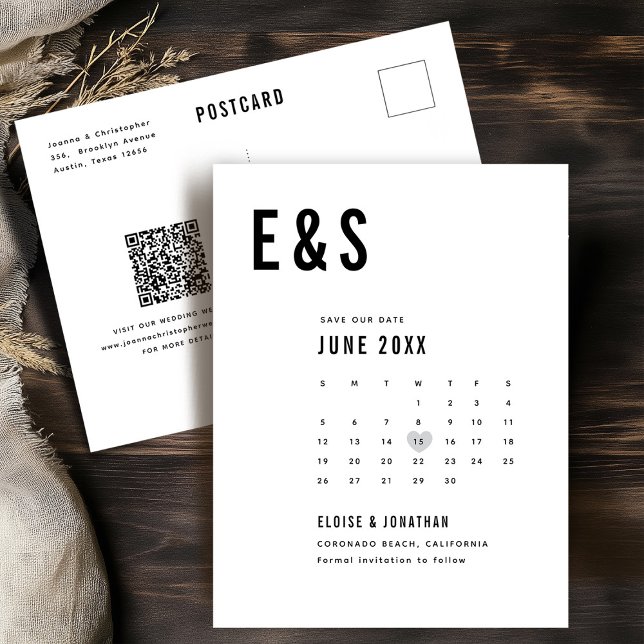 Modern Big Bold Monogram Calendar Save The Date Postcard (Modern Big Bold Monogram Calendar classic wedding Save The Date Postcard)