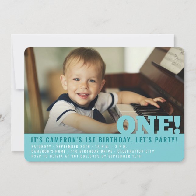 Modern Big ONE Fun Baby Boy Photo First Birthday Invitation (Front)