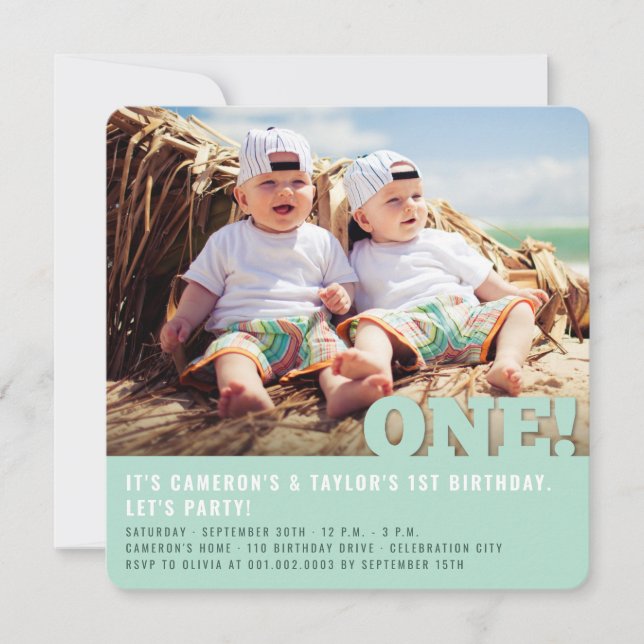 Modern Big ONE Fun Baby Twins Photo First Birthday Invitation (Front)