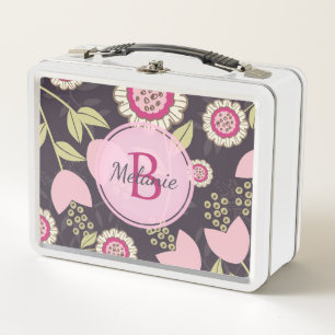 Modern Big Pink Floral Tulip Pattern Monogram Metal Lunch Box