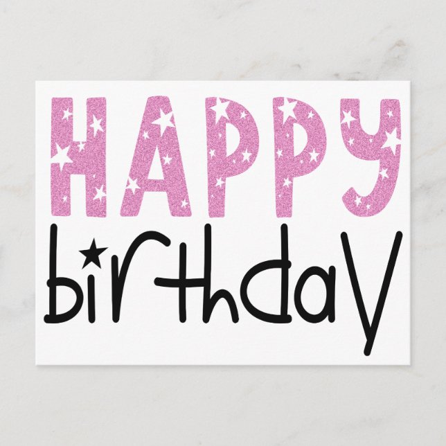 Modern Big Typography Pink Glitter Happy Birthday Postcard (Front)