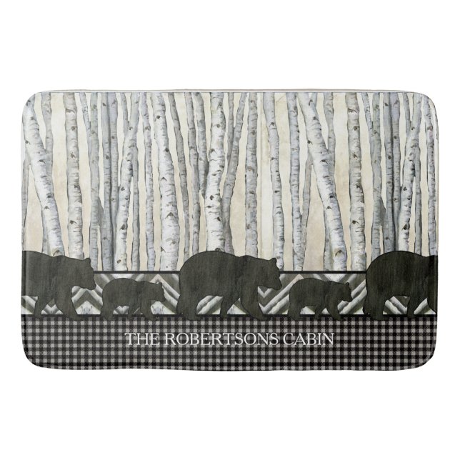 Modern Birch Forest Lodge Bears n Buffalo Plaid Bath Mat (Front)