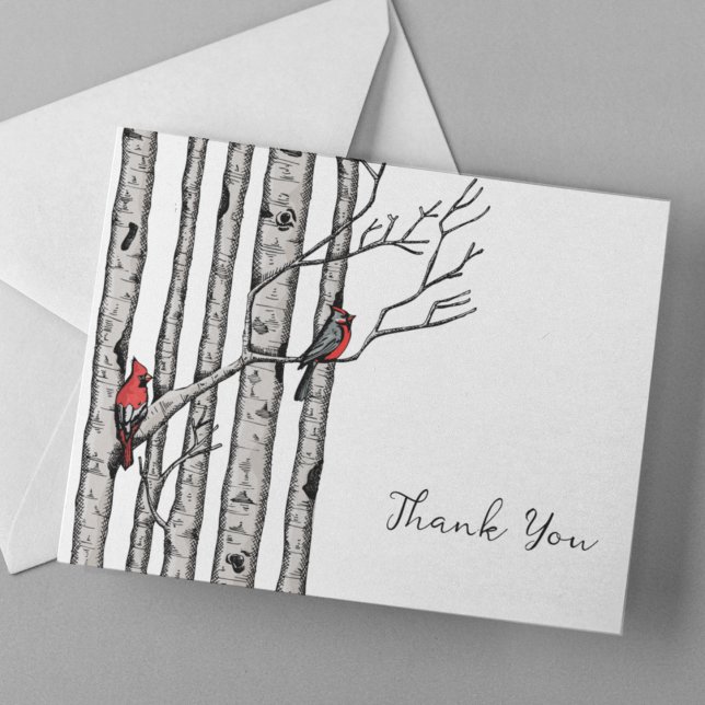 Modern Birch Trees and Red Birds Thank You Card (Chic, Modern Hand-Drawn Cardinals Perched on Birch Branches in Black Ink with Cross-Hatch Detailing.)