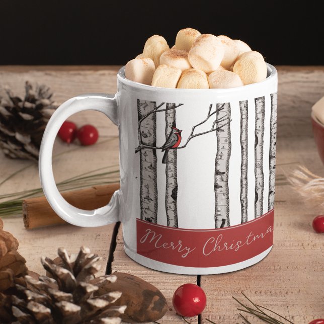 Modern Birch Trees and Red Cardinal Birds Two-Tone Coffee Mug (Custom Hand-Drawn Merry Christmas Mug in Black Ink. Cardinal Birds Perched on Birch Trees Pattern.)