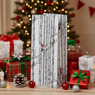 Modern Birch Trees and Red Cardinal Birds Wine Gift Bag