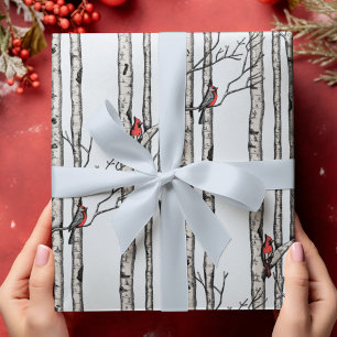 Modern Birch Trees and Red Cardinal Birds Wrapping Paper