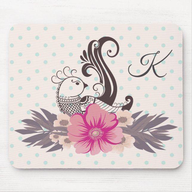 Modern Bird and Flora Dotty Monogrammed Mouse Mat (Front)