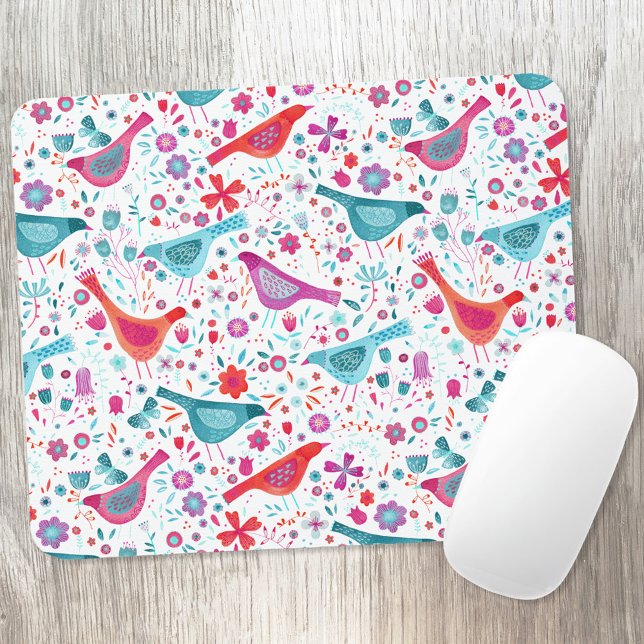 Modern Bird Floral Watercolor Mouse Mat (Watercolor bird and flower pattern art mousemat)