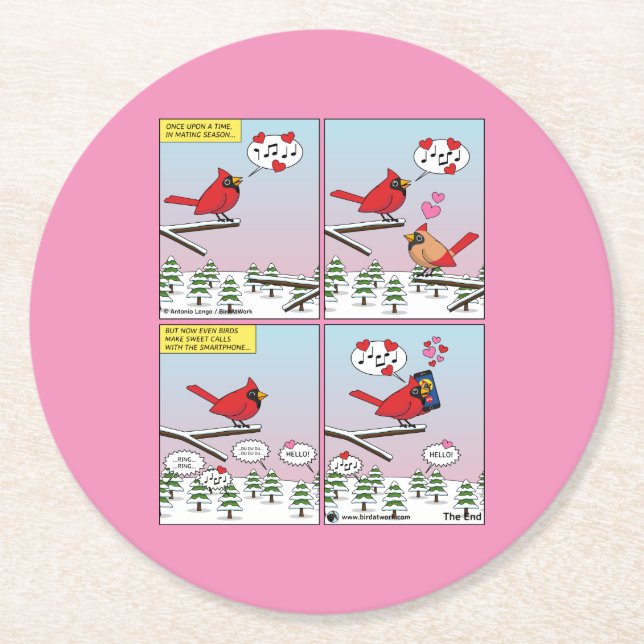 Modern Bird Mating Calls Comic Round Paper Coaster (Front)