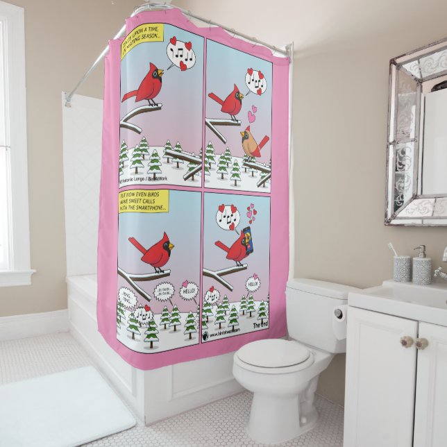 Modern Bird Mating Calls Comic Shower Curtain (In Situ)