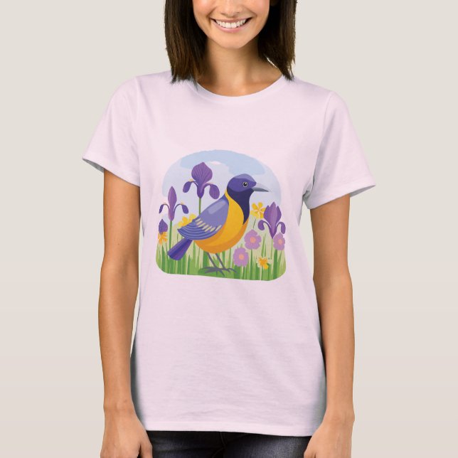 Modern Bird with Iris Flowers Cool T-Shirt (Front)
